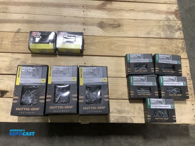 Lot 2-67401 - Lot of nails including; (3) 5lb boxes of Huttig-Grip 4d 1-1/2” Finish nails, (3) 1lb boxes of Huttig...