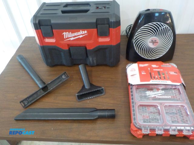 Lot 2-30259 - Milwaukee 18volt shop vac. New Milwaukee pack out 100pc bit set. VORNADO Variable temp heater. 115 v...