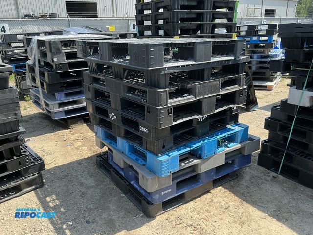 Lot 2-28657 - Stack of (10) blue and black plastic stackable skids approx 43” x 43” x 5” - various conditions