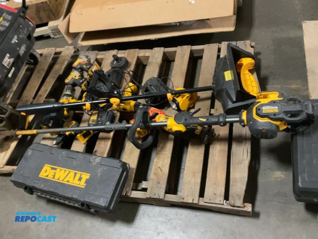 Lot 2-18431 - Skid lot of DeWalt tools: brushless trimmer, various drills, lithium ion battery chargers, light, re...