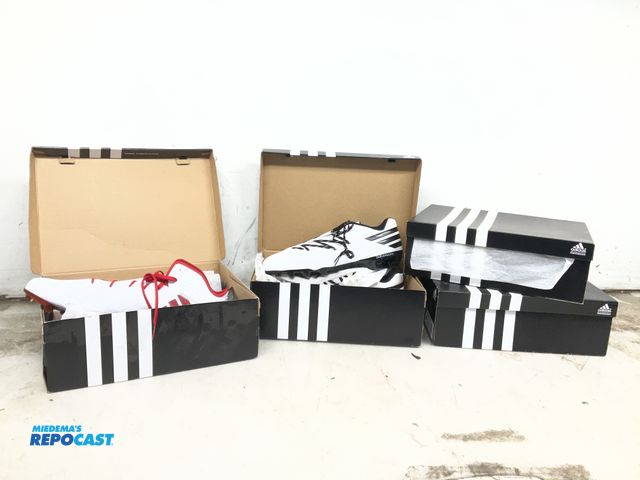 Lot 2-73464 - Lot of (4) pairs of size 18 adidas cleats including purple/white, black/gold, red/white, and white/b...