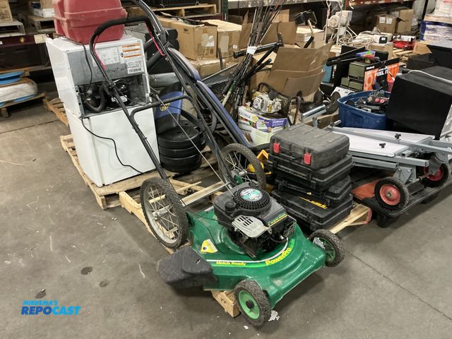 Lot 2-23825 - Lot of one American Yard HW225CM 5HP push lawn mower, various dewalt tools/cases, and a black and de...