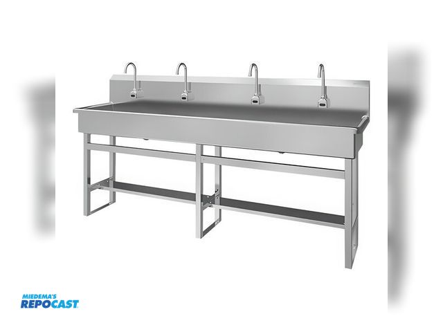 Lot 2-32731 - New Large Colombian stainless steel floor mounted multi-station hands free sink 58FAL-0.5