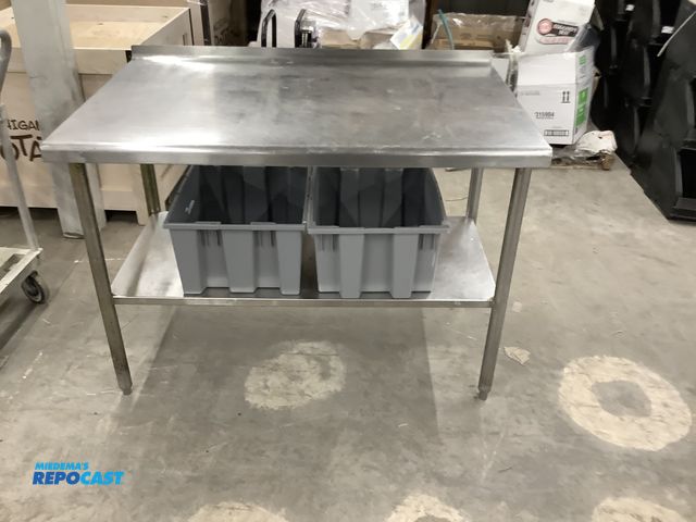Lot 2-23887 - (1) Stainless Steel table with lower shelf, 48” wide by 30” deep by  36” tall, includes (2) plastic ...