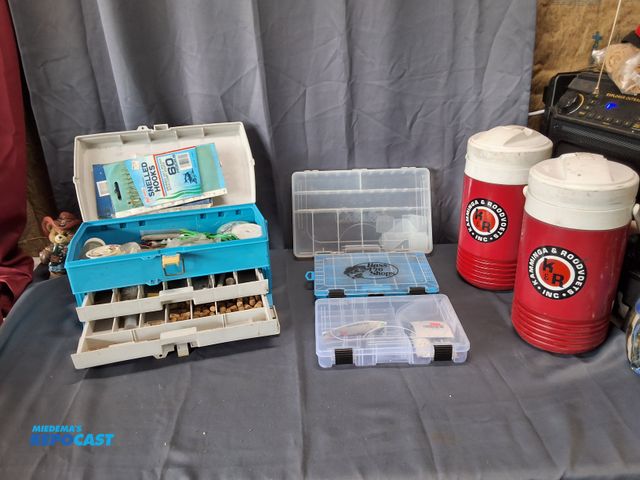 Lot 2-23611 - TACKLE BOX WITH ASSORTED FISHING ITEMS, STORAGE ORGANIZERS AND THERMOS'S