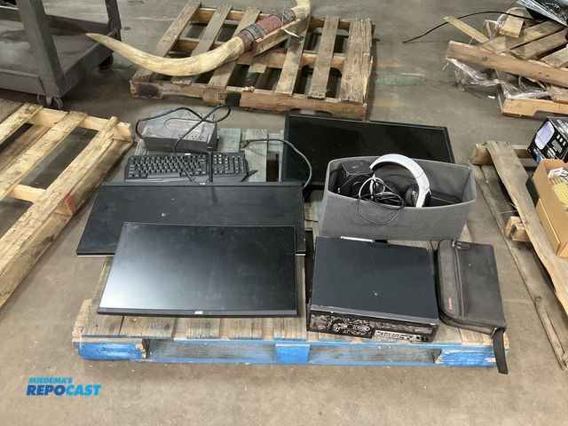 Lot 2-74298 - Skid lot of various electronics including LG computer screens, headphones, MTG screens and keyboards...