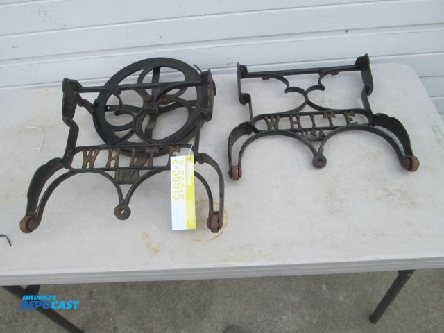 Lot 2-56915 - Vintage white sewing machine base - approx. 17" tall - rod connections, 2 sides is missing