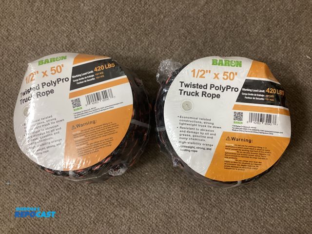 Lot 2-77685 - Two new 50 foot 1/2” Twisted PolyPro Truck Rope. Working load limit 420 pounds. Black and orange, li...
