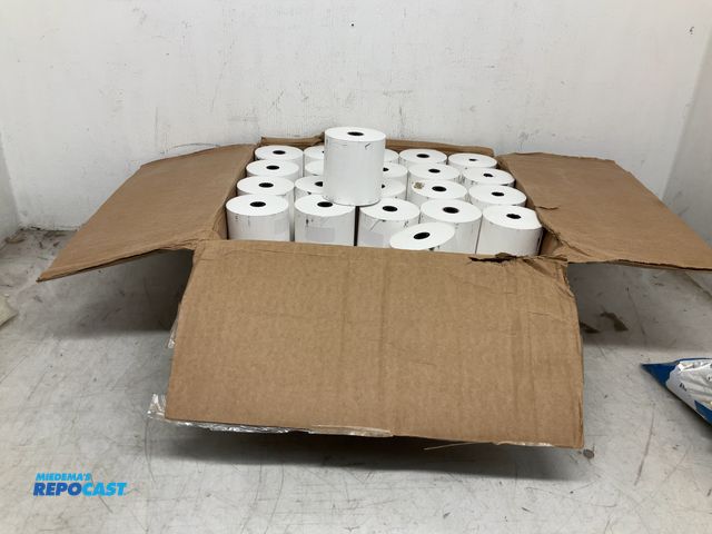 Lot 2-19257 - Box of 46 rolls of thermal paper rolls, commonly used for POS (point-of-sale) machines and receipt p...