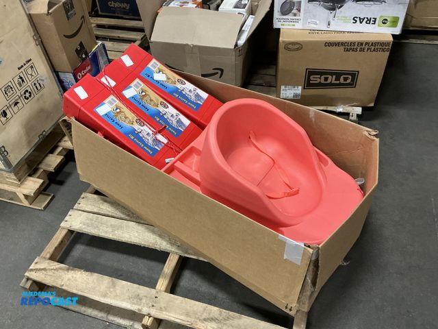 Lot 2-95027 - 39.25”x19.25” painting, a pink Sun Squad plastic sled, (4) Sun Squad pink toddler sleds, and (3) Sno...