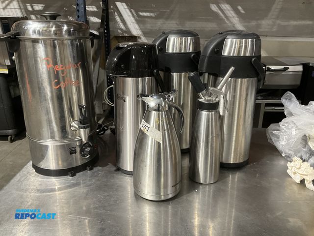 Lot 2-55084 - Lot of assorted stainless steel coffee related items. Includes (2) matching insulated vacuum pump ty...
