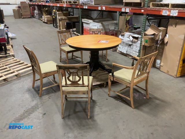 Lot 2-92359 - Furniture Set Black frame wooden table with (5) matching chairs, 29”x4’ diameter