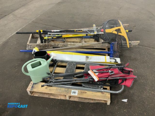 Lot 2-40414 - Skid of misc. hand tools and more, includes wood 6' step ladder, rakes, scraper, watering can, hand ...