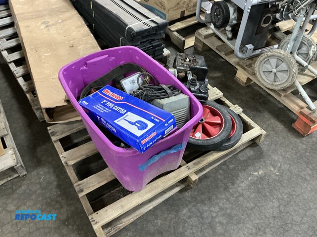 Lot 2-93339 - misc tools, pipe cutter, battery charger, sander, drill