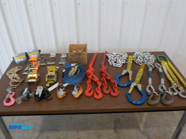 Lot 2-34084 - Lot of (43) commercial rachet straps. Chain binders. Lifting hooks. Log chains. And more.