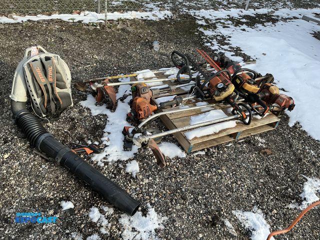 Lot 2-43605 - Two Stihl HS80 hedge trimmers, one Stihl backpack blower (chord is pulled out), one Kawasaki weed wh...