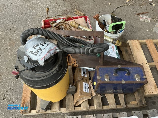 Lot 2-34728 - Skid lot of Tools- Box of Paint Tools, Shop Vac, Tin Snips &amp; more…