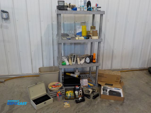 Lot 2-34070 - Large lot of office supplies. Four shelf storage rack. See pics.