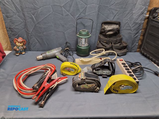 Lot 2-76836 - GARAGE LOT OF JUMPING CABLES, TIE DOWNS, ELECTRIC STRIPS, HEATING GUN, CAMPIING LIGHT, TOOL BAG.