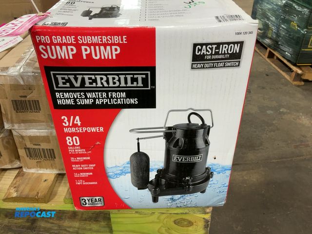 Lot 2-21957 - Everbilt 3/4hp Pro Grade Sump Pump, 80 Gallons Per Minute, Heavy Duty Float Switch, Used Store Retur...