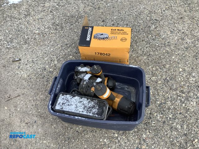 Lot 2-67011 - Lot of various tools including (2) Bostitch magnesium nail guns with coil nails, (2) boxes of collat...