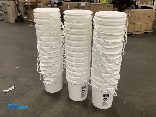 Lot 2-13518 - Lot of (39) new heavy duty mill 5 gallon plastic pails - 3 stacks of 13