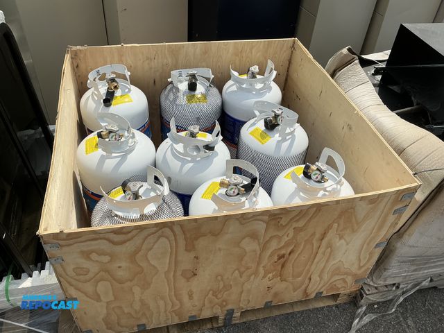 Lot 2-64508 - Lot of (9) Flame King 30lb propane cylinders. All empty, all have some amount of damage to top ring.