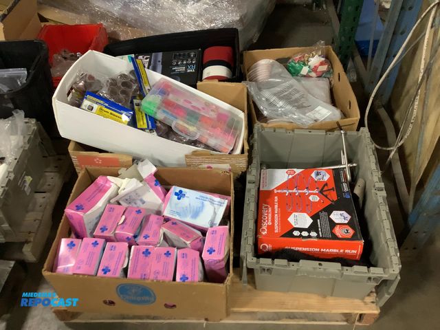 Lot 2-33181 - Skid lot of miscellaneous items including hundreds of nitrile powder gloves screw drivers extension ...