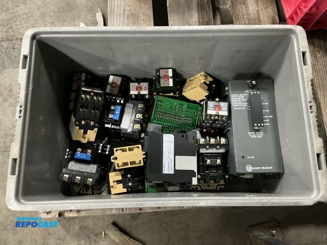 Lot 2-93854 - Plastic Tote of AC Relays, Input Modules, Power Supply, and More