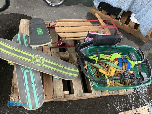 Lot 2-64090 - Pet Lifejackets, Kids Lincoln Logs, Wooden Scateboards, Bear and Barnett Bows, and a Wooden Sled