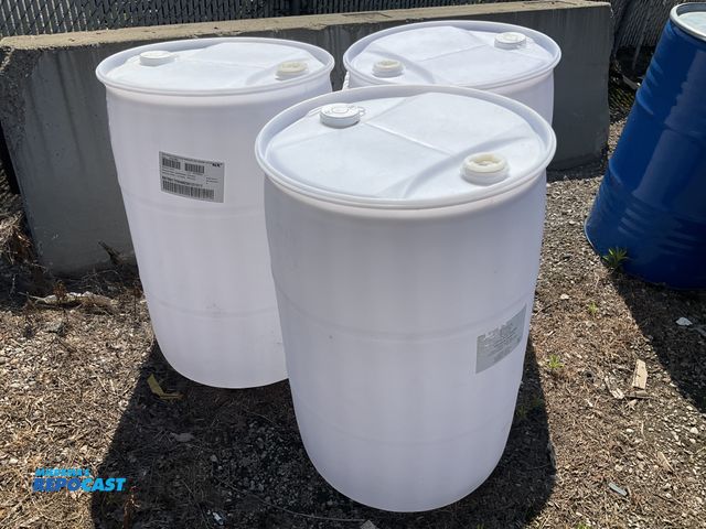 Lot 2-99360 - (3) 55 gallon white plastic barrels w/ (2) removable bungs - contained fruit juice