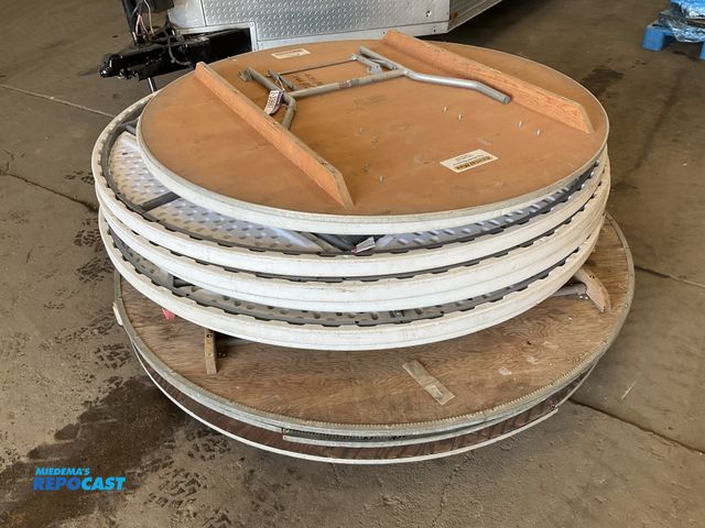 Lot 2-33667 - (3) round wooden tables 6’ diameter (5) round plastic tables 6’ diameter (2) round plastic table 5’ ...