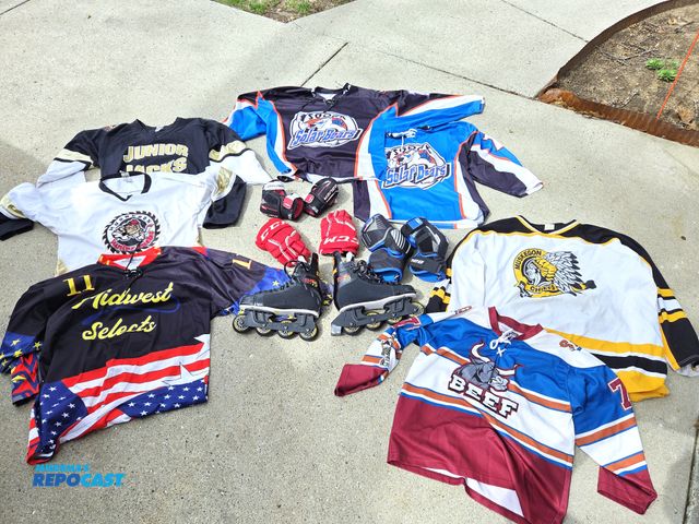 Lot 2-22399 - lot of hockey gear, pads, jerseys, CCM 75 Rollerblades, size 8.