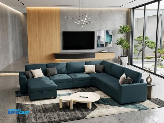 Lot 2-35772 - Brand New Indoor sectional couch Set, Blue Color, #SF025