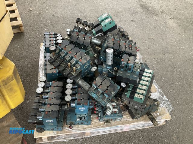 Lot 2-60802 - Industrial Pallet Lot of (16) MAC Valve cylinder banks, includes bases, valves regulators, used cond...