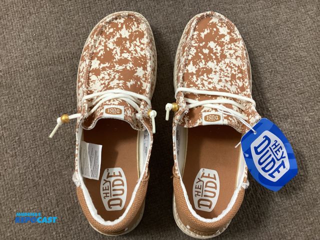 Lot 2-34608 - New Hey Dude Wendy Funk Animal shoes .  Tan/Multi Ladies size 10