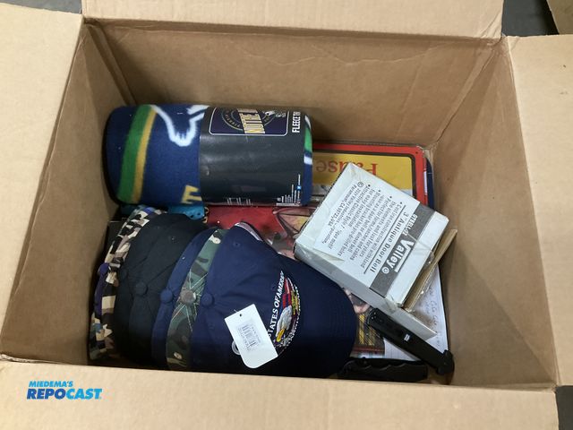 Lot 2-96827 - lot of various signs, ballcaps, knives, (1) doorbell, &amp; (1) blanket