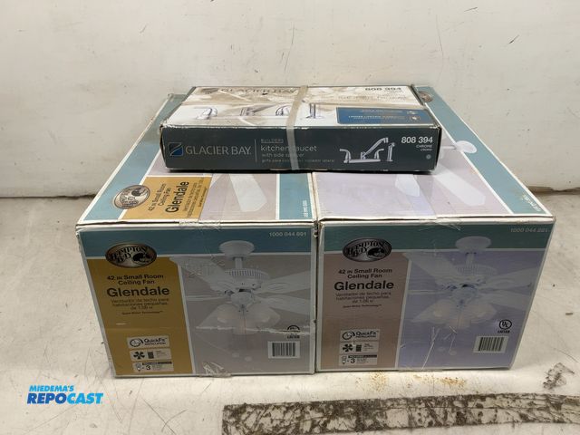 Lot 2-18396 - (2) Hampton Bay 1000044891 42” Small Room Ceiling Fans and (1) Glacier Bay 808394 Chrome Kitchen Fau...
