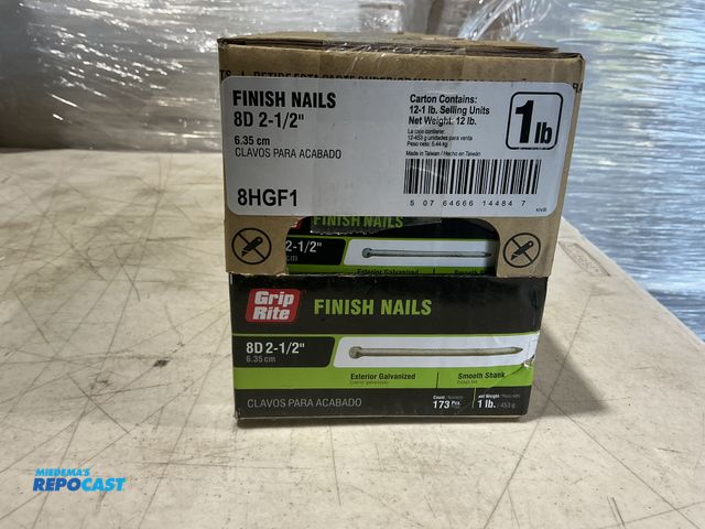 Lot 2-13830 - (12) Grip Rite finish nails, exterior galvanized, smooth shank 8D 2-1/2” 1 pound boxes.
