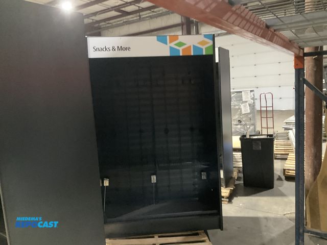 Lot 2-74410 - Mini snack market wooden storage unit with assorted plastic organization bins and hooks approx. 4.2’...