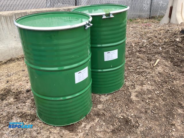 Lot 2-74437 - barrel (2) 55 gallon green &amp; steel barrels with removable lids and locking rings. Clean Inside. ...