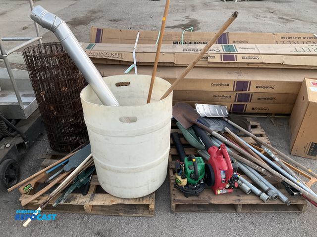 Lot 2-67951 - lot of misc items including outdoor tools, landscape fabric, 2 leaf blowers, 1 1/4" galvanized pipe,...