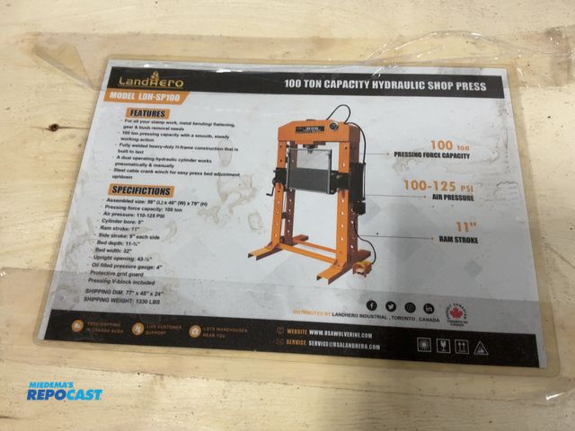 Lot 2-19 - LandHero LDH-SP100 Electric Powered 100 Ton Capacity Hydraulic Shop Press