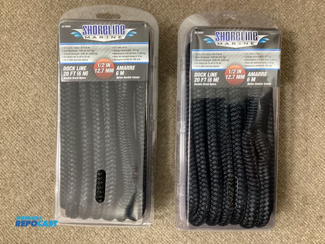 Lot 2-92925 - Two new Shoreline Marine 20’ dock lines. 1/2” X 20’ double braid nylon.  Safe workload 1140 pounds, ...