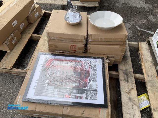 Lot 2-93615 - Skid lot of misc housewares including: (4) 20” x 24” black picture frames, (1) bunn easy poor plasti...