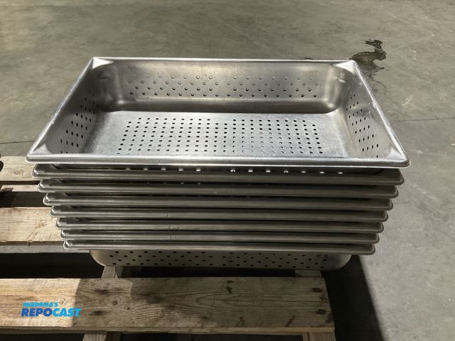Lot 2-55062 - Lot of (8) full size, perforated stainless steel steam table pans. (Approx. 4” depth)