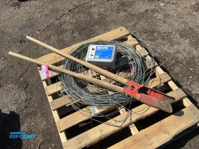 Lot 2-23357 - Lot of (1) Manual Post Hole Digger and Roll of Electric Fence Wire with Sears Electric Fencer