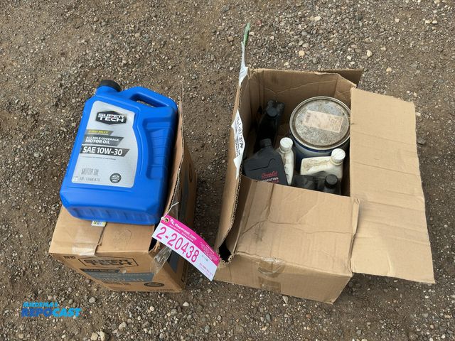 Lot 2-20438 - Lot of (3) 1.25 Gallon Jugs of Super Tech 10W-30 Motor Oil and Box of assorted air compressor oil, p...