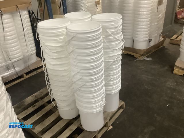 Lot 2-13933 - New Lot of (52) new food grade 5 gallon plastic pails with handles - 4 stacks of 13