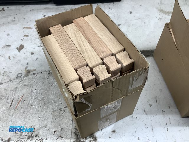 Lot 2-93439 - Lot of (30) New Unfinished red oak baseboard outside corner trim blocks,  1 1/8” x 1 1/8” x 6 3/4”